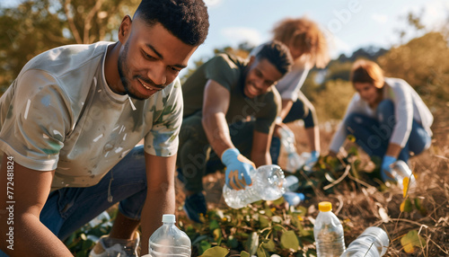group of mixed race people helping cleaning the beach photo