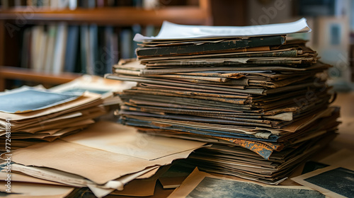 Heaps of worn-out files and folders stacked messily on a table, suggesting an extensive archive or long research. photo