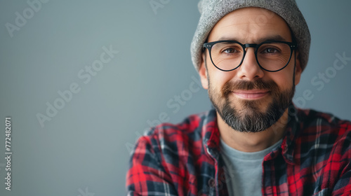 A portrait of a bearded man wearing glasses and a beanie, offering a gentle, contented smile. photo