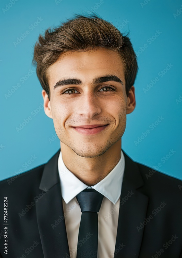Photo of a young man wearing professional attire, smiling, against a blue solid color background, looking directly at the camera Photo of a young man wearing professional attire, smiling, against a blue solid color background, looking directly at the camera