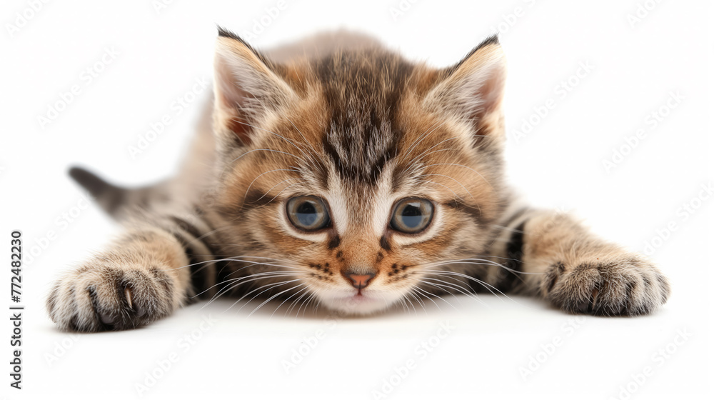 A cute kitten with striking eyes lies on the floor, ready to pounce or play, encapsulating youthful curiosity.