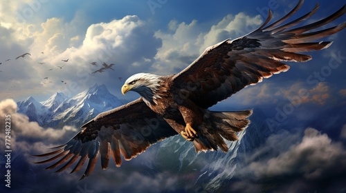 the eagle flies, in the blue clouds, with mighty wings Generate AI © VinaAmeliaGRPHIC