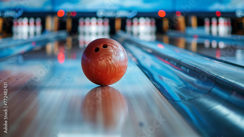 bowling ball and pins in alley
