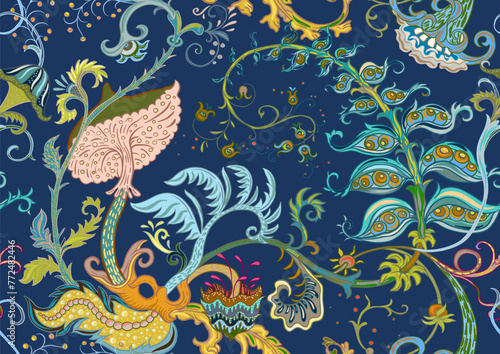 Fantasy, alien hypnotic flowers, decorative flowers and leaves. Cartoon style. Millefleurs trendy floral design. Seamless pattern, background. Outline hand drawing vector illustration.