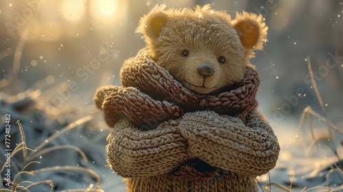 Cuddly bear in a cozy sweater gives a warm hug to the white void photo
