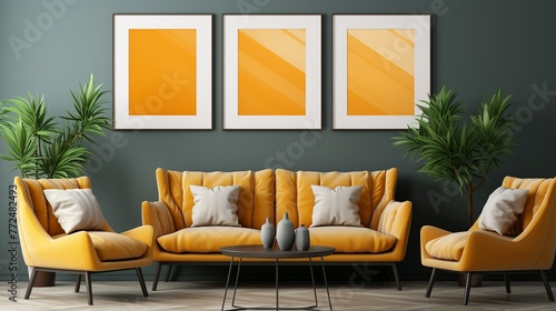 Three Mockup of framing a white blank picture on the wall of a blue palette , living room Generate AI