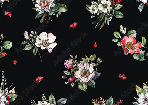 Boutonniere of wild rose flowers and berries Seamless pattern, background. Outline hand drawing vector illustration. In botanical style