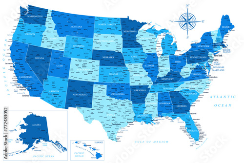 United States - Highly Detailed Blue Colored Vector Map of the USA. Ideally for the Print Posters.