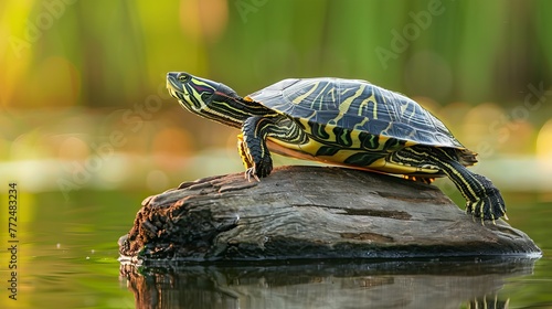 A lakeside red-eared slider turtle perched atop a floaty tree trunk