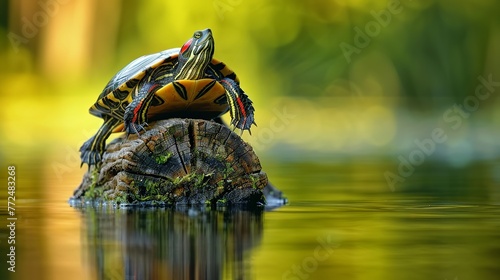 A lakeside red-eared slider turtle perched atop a floaty tree trunk photo