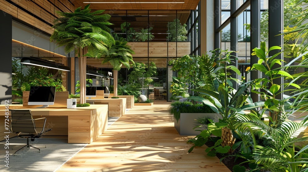 Modern office with wooden desks and potted plants providing a green workspace