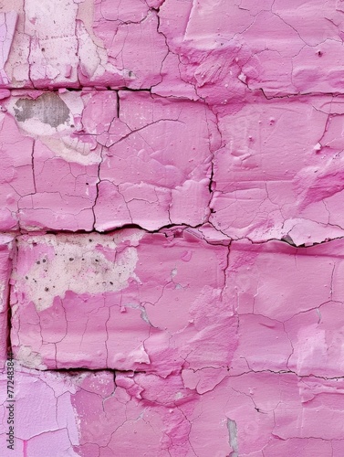 Vertical image capturing the textured detail of a faded pink brick wall with flaking layers of paint, ideal for designers.