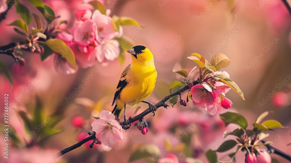 bird on a crabapple branch with flowers all around it.