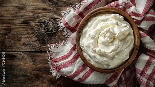 Overhead shot of natural yogurt in a round bowl with a country-style red and white napkin