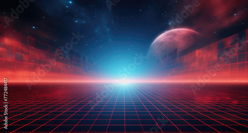 Red grid floor line on a glow neon night red grid background, arcade game, music poster, outer space, concert poster, rollerwave, technological design, shaped canvas, smokey cloud vaporwave background photo