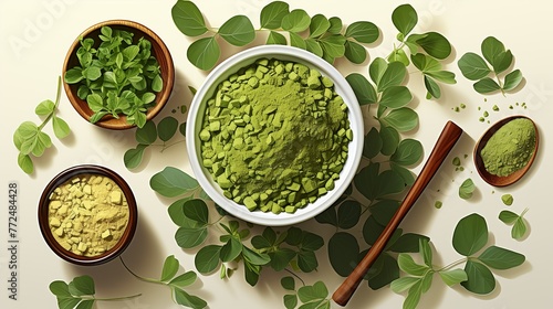  Botanical Moringa leaves and natural health medicine powder , white background Generate AI