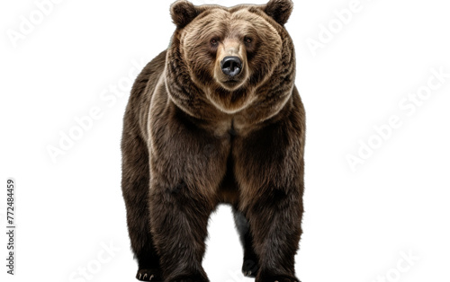 A large brown bear standing tall against a white backdrop