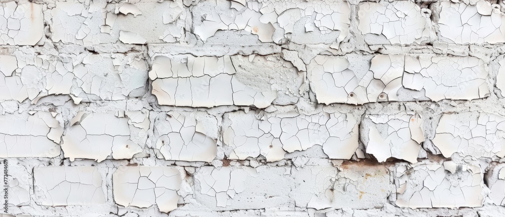 This expansive shot features a white brick wall with layers of peeling paint, capturing the aesthetic of urban decay.
