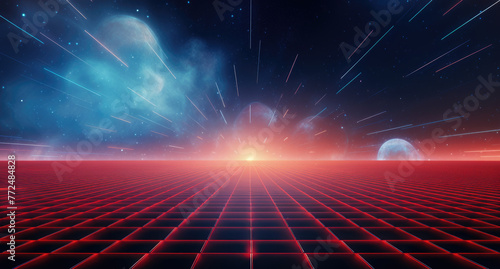 Red grid floor line on a glow neon night red grid background  arcade game  music poster  outer space  concert poster  rollerwave  technological design  shaped canvas  smokey cloud vaporwave background