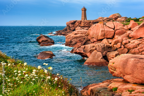 Mean Ruz Lighthouse on the Pink Granite Coast of Brittany, France