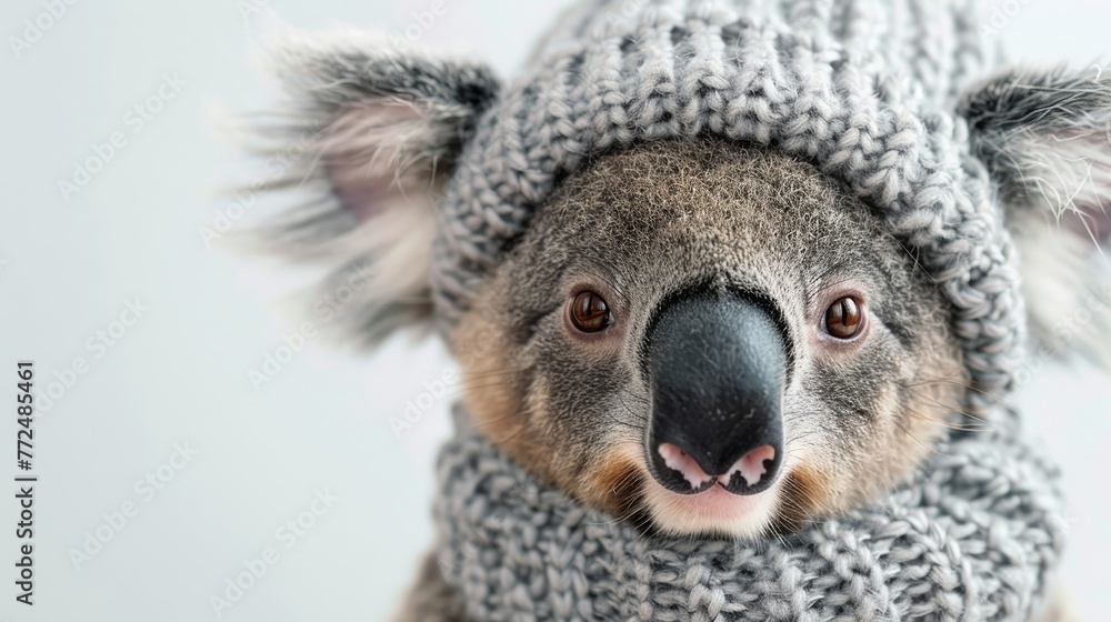 Obraz premium Shy koala in a soft beanie looks away on a stark white backdrop