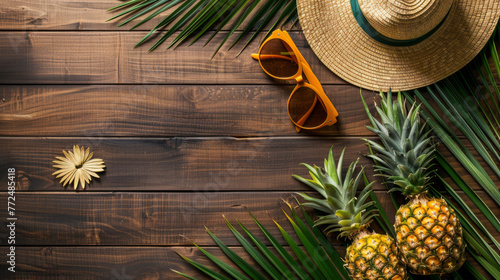 Captured from above, a charming arrangement featuring a straw hat, chic sunglasses, a ripe pineapple, and verdant palm leaves adorns a wooden table with a textured wood background.