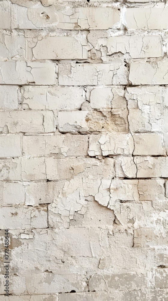 Wide shot of a white brick wall showing extensive peeling and textural decay over its expansive surface.