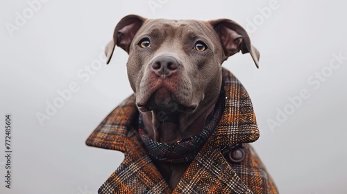 Dapper dog in a tweed jacket poses with poise on a white landscape photo