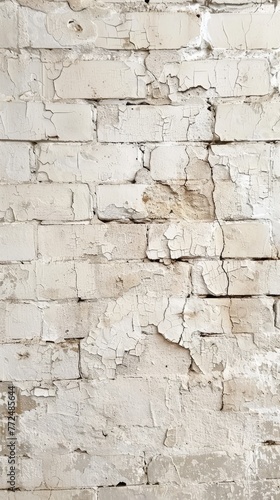 Wide shot of a white brick wall showing extensive peeling and textural decay over its expansive surface.