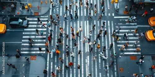 ariel view of a blurred crowd of people walking