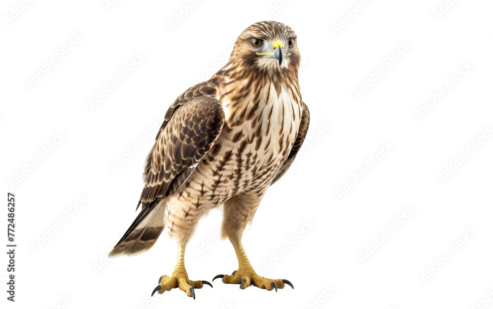 A majestic brown and white bird of prey perched on a white background A majestic brown and white bird of prey perched on a white background