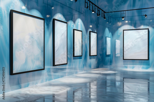 A museum space with icy blue walls and a series of large, glossy black frame mockups. Soft, diffused spotlight lamps provide a cool, even light across the frames photo