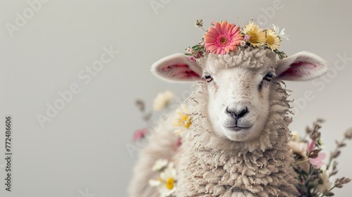 Charming sheep with a floral wreath looks dreamily on a white scene