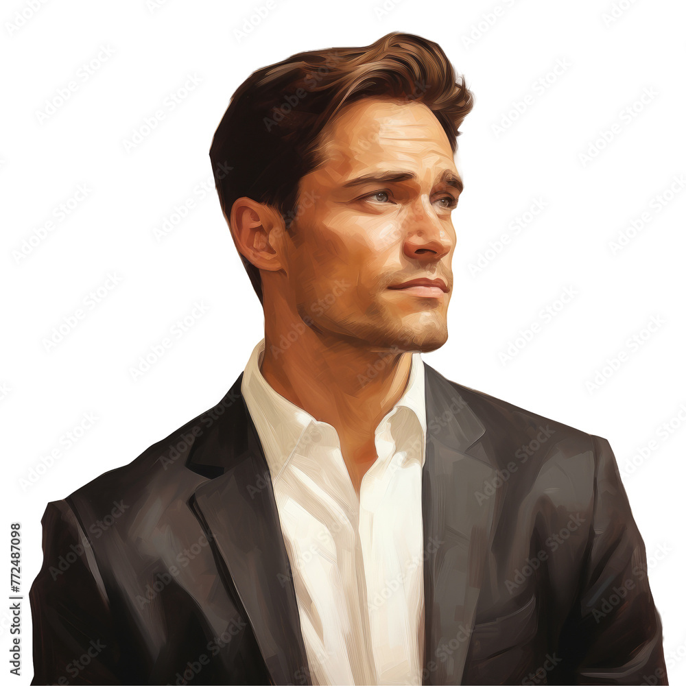 A man in a blazer and white shirt, chin up, looking to the side with a confident gesture. His coat sleeve falls neatly, collar crisp. A formal wear event vibe on transparent A man in a blazer and white shirt, chin up, looking to the side with a confident gesture. His coat sleeve falls neatly, collar crisp. A formal wear event vibe on transparent