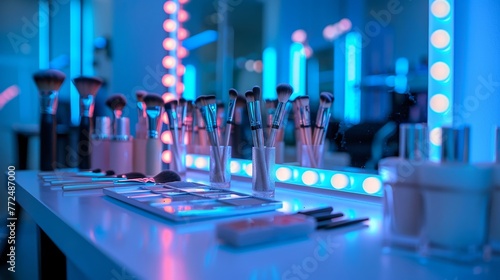 Backstage makeup station with illuminated mirror, professional brushes and white gown