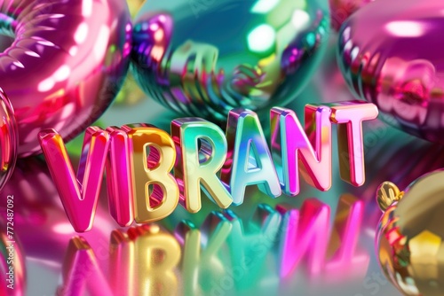 3D text "VIBRANT" with a neon gradient effect surrounded by reflective multicolored balloons on a blurry background.