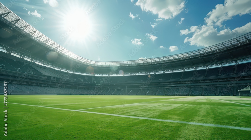 A wide-angle drone shot captures a soccer or football field in a large stadium, set against a beautiful clear sky.
 - obrazy, fototapety, plakaty 
