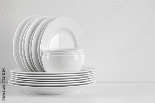 A stack of white plates and bowls on a table. Perfect for kitchen or dining room themes