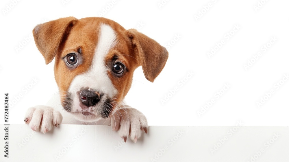 A small brown and white dog peeking over a white sign. Ideal for pet-related advertisements