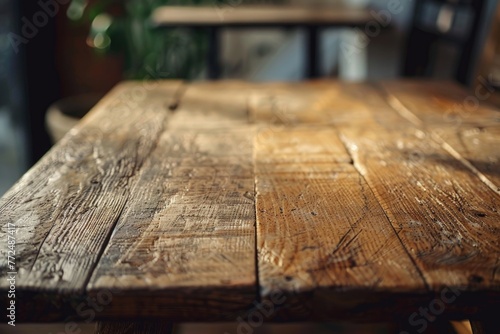 Close up of wooden table with plant in background. Suitable for interior design concepts