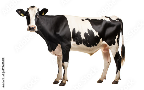 A majestic black and white cow stands in front of a blank white canvas