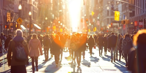 blurred crowed of people walking on city at the golden hour photo