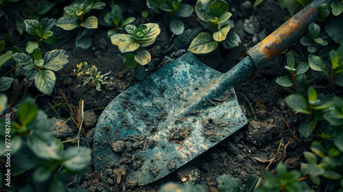 A rusty shovel on soil with plants