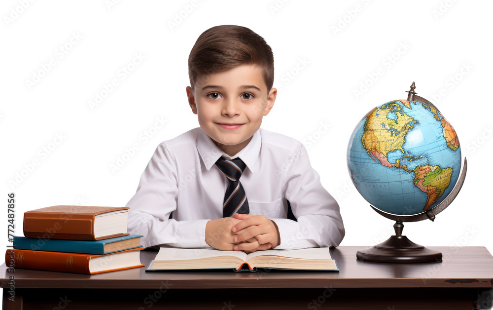 A young boy engrossed in studying with books and a globe on his desk A young boy engrossed in studying with books and a globe on his desk