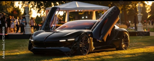 Sleek black sports car with upward-opening doors at sunset. Luxury automotive event concept. © AIS Studio