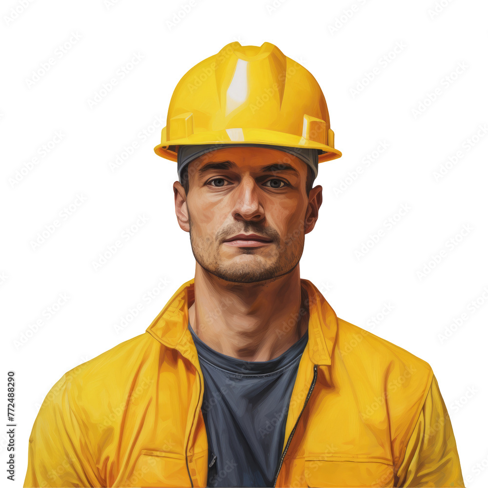 A construction worker in yellow workwear and a hard hat, wearing highvisibility clothing. The engineer has sleeves rolled up and is equipped with headgear for safety on transparent