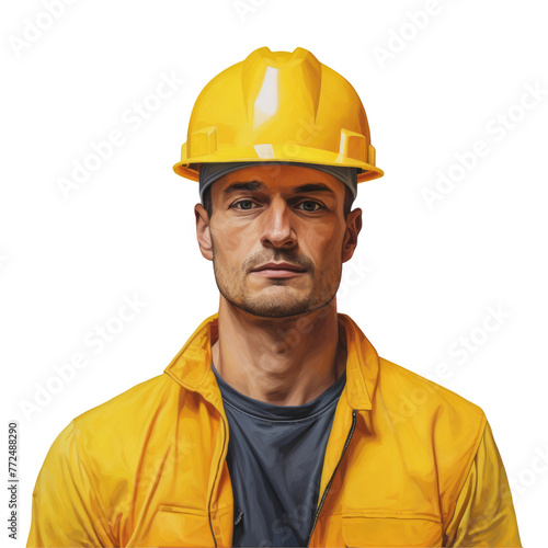 A construction worker in yellow workwear and a hard hat, wearing highvisibility clothing. The engineer has sleeves rolled up and is equipped with headgear for safety on transparent