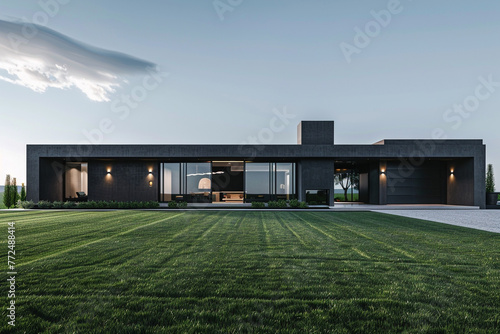 A luxurious residence with a matte charcoal finish, surrounded by a perfectly trimmed grass lawn. It features innovative, foldable glass doors, a hidden garage, and subtle outdoor lighting fixtures.  © Creative artist1