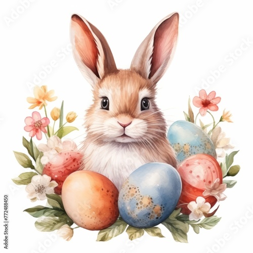 watercolor cute easter bunny and eggs surrounded by flowers isolated © jaafar