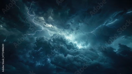 Dramatic image of dark sky with lightning bolts. Perfect for weather or natural disaster concepts